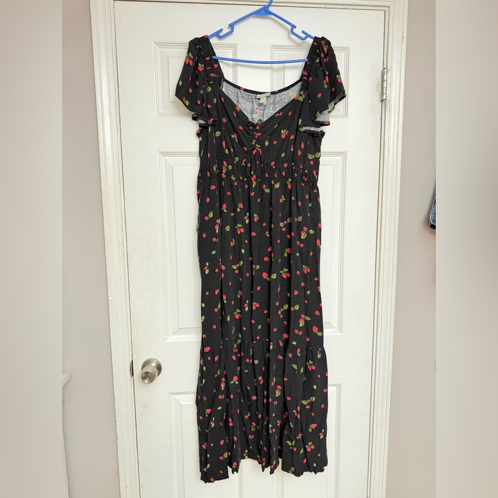 Black Floral Midi Dress with Red Strawberry Print